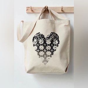 Free People Tote Canvas Heart Graphic Black Tan Flower Ombre Going Places NEW